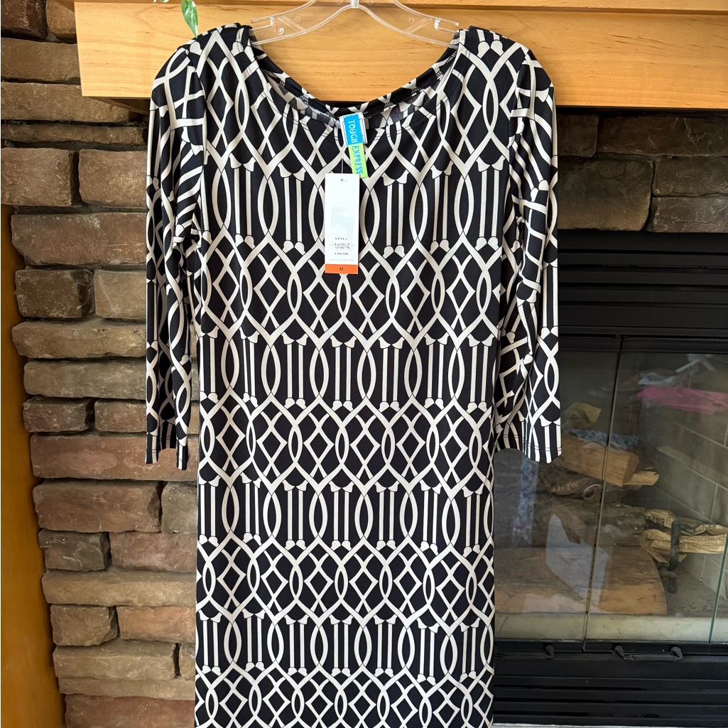 Nwt Chic Black And Tan Geometric Dress 3/4 Sleeve Stretch Size Medium
